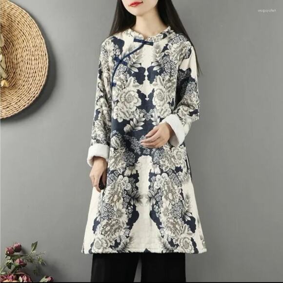 Chinese Style Trench Coat, Blue and White, size Large, NWOT Elegant ethnic - Picture 1 of 13